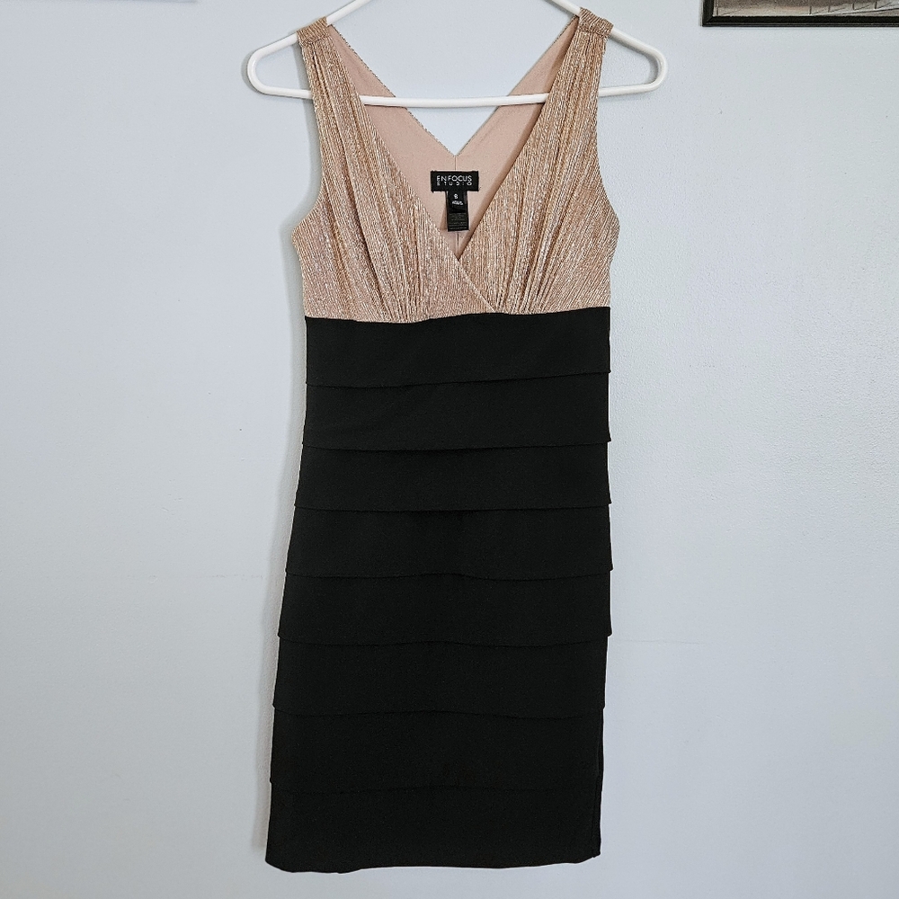 Enfocus Studio Sexy Cocktail Party Champagne Glitter & Black Ruffle Skirt Dress - Picture 2 of 5